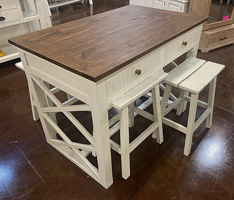 Island Bar w/4 Stools in Frosted White w/Natural Brown Top